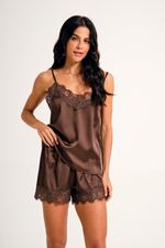 Short Doll com Renda em Cetim Marrom Essencial