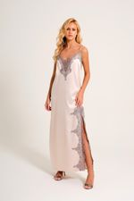 Camisola Longa com Renda Cinza em Cetim Nude