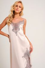 Camisola Longa com Renda Cinza em Cetim Nude