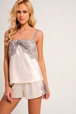 Short Doll Laço com Renda Cinza em Cetim Nude