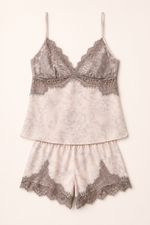 Short Doll com Renda Cinza em Cetim Estampa Beija Flor
