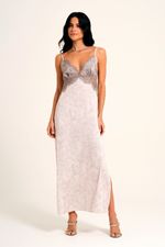 Camisola Midi com Renda Cinza em Cetim Estampa Beija Flor