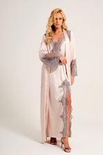 Robe Longo com Renda Cinza em Cetim Nude