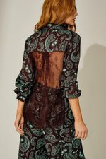Conjunto Longo com Botões em Viscose com Renda Estampa Paisley Marrom e Tiffany