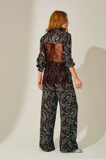 Conjunto Longo com Botões em Viscose com Renda Estampa Paisley Marrom e Tiffany