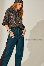 Conjunto Longo com Botões em Viscose com Renda Estampa Paisley Marrom e Tiffany