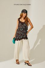 Camisola Curta com Renda em Viscose Estampa Paisley Marrom e Tiffany