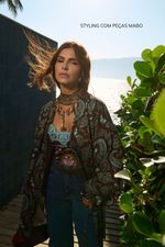 Kimono em Viscose Estampa Paisley Marrom e Tiffany