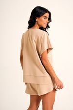 Blusa Loungewear Bege Manga Curta com Zíper em Malha Power