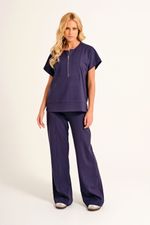 Blusa Loungewear Marinho Manga Curta com Zíper em Malha Power