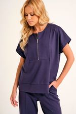 Blusa Loungewear Marinho Manga Curta com Zíper em Malha Power