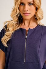 Blusa Loungewear Marinho Manga Curta com Zíper em Malha Power