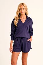 Blusa Loungewear Marinho Manga Longa Decote V em Malha Power