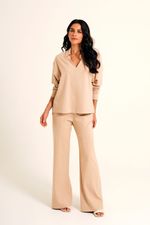 Calça Loungewear Bege com Recorte em Malha Power