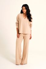 Calça Loungewear Bege com Recorte em Malha Power