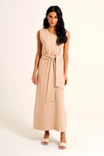 Vestido Midi Loungewear Bege com Faixa em Malha Power
