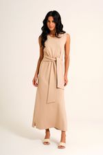 Vestido Midi Loungewear Bege com Faixa em Malha Power