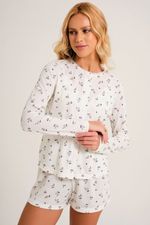 Pijama Trijunto com Cardigã, Top de Renda e Shorts em Malha Maquinetada Estampa Mini Floral