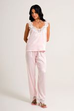 Pijama Regata com Calça com Renda em Cetim Rosa Ballet