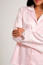 Pijama Clássico Longo com Renda em Cetim Rosa Ballet					