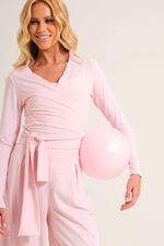 Blusa Transpassada Manga Longa em Poliamida Rosa Ballet