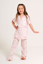 Pijama Clássico Semi Longo Infantil com Botões e Babado em Viscose Estampa Toile Ballet