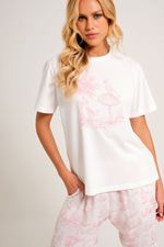 Pijama Longo com T-Shirt Off White com Silk Bailarina e Calça em Viscose Estampa Toile Ballet