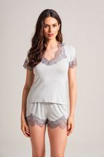 Pijama Curto com Renda em Malha Viscolycra Mescla