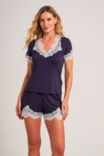Pijama Curto com Renda em Malha Viscolycra Marinho