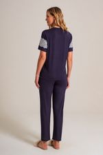Pijama Longo com T-shirt de Renda em Malha Viscolycra Marinho
