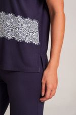 Pijama Longo com T-shirt de Renda em Malha Viscolycra Marinho