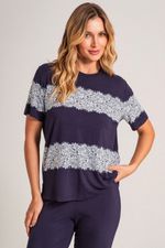 Pijama Longo com T-shirt de Renda em Malha Viscolycra Marinho