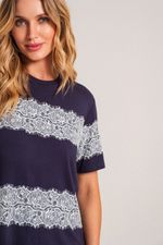 Pijama Longo com T-shirt de Renda em Malha Viscolycra Marinho