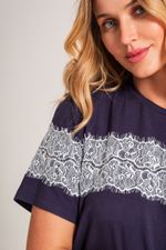 Pijama Longo com T-shirt de Renda em Malha Viscolycra Marinho