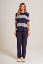 Pijama Longo com T-shirt de Renda em Malha Viscolycra Marinho