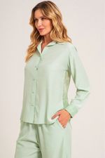 Pijama Clássico Longo com Botões e Renda em Viscose Pistache