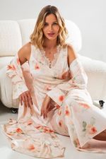 Camisola Longa com Renda em Cetim Estampa Floral