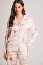 Pijama Clássico Longo com Botões e Vivo em Cetim Estampa Floral