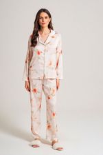 Pijama Clássico Longo com Botões e Vivo em Cetim Estampa Floral