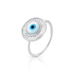 ANEL DE PRATA OLHO GREGO REDONDO COM 25 ZIRCONES CRAVEJADOS E MADRE PÉROLA DE 7 MM 22276