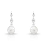 BRINCO DE PRATA CORAÇÃO PENDURADO PÉROLA SHELL DE 9.0 MM COM 12 ZIRCONES CRAVEJADOS 21729