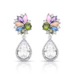 BRINCO DE PRATA CRISTAL FLOR COM GOTA PENDURADA 66 ZIRCONES