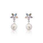 BRINCO DE PRATA PÉROLA FLOR COM 14 ZIRCONES COLORIDOS CRAVEJADOS   22321