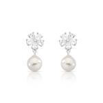 BRINCO DE PRATA PÉROLA SHELL 9MM FLOR COM 14 ZIRCONES  CRAVEJADOS   22318
