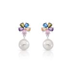 BRINCO DE PRATA PÉROLA SHELL 9MM FLOR COM 15 ZIRCONES COLORIDOS CRAVEJADOS   22319
