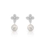 BRINCO DE PRATA PÉROLA SHELL 9MM FLOR COM 60 ZIRCONES  CRAVEJADOS   22320