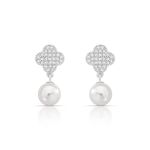 BRINCO DE PRATA TREVO PAVE COM  58 ZIRCONES CRAVEJADOS E 2 PÉROLAS SHELL DE 1CM PENDURADAS   22326