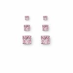 BRINCO DE PRATA TRIO SOLITÁRIO QUADRADO ROSA  3,4 E 5 MM