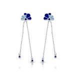 BRINCO ESMALTADO AZUL COM FIO PENDURADO FLOR COM 20 ZIRCONES