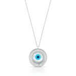 COLAR DE PRATA 42cm + 5cm DE EXTENSOR OLHO GREGO REDOMDO COM 37 ZIRCONES CRAVEJADOS E MADRE PÉROLA DE 12 MM 22245